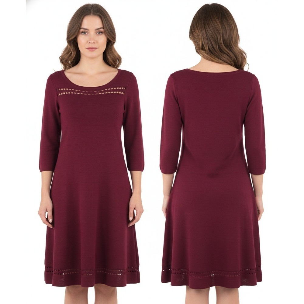 Liz Claiborne Burgundy Knit Sweater Dress Womens Large 3/4 Sleeve Cutout Detail